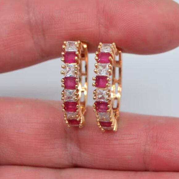 14K Gold Womens 2ct Rose Red Ruby Gemstone 1ct Diamond Small Hoop Earrings NEW - Picture 3 of 5